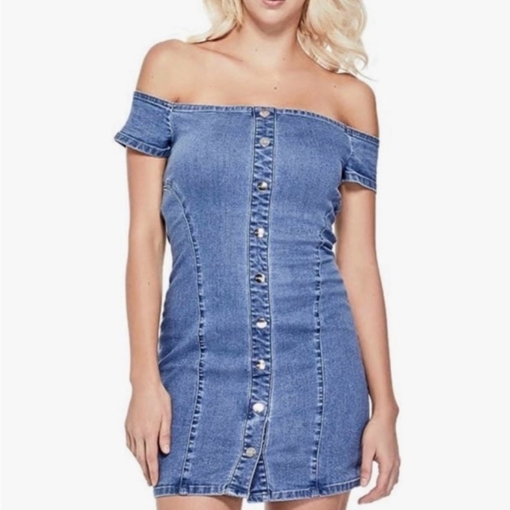 GUESS Denim Stretchy Off Shoulder Mini Dress